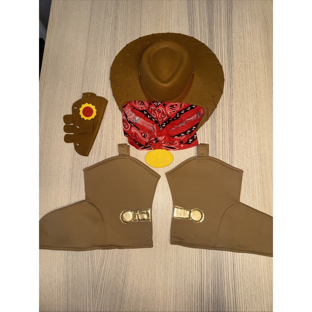 Disney Store Woody Costume Yellow Grid Shirt Cow Print Vest Size Kid - Picture 5 of 7